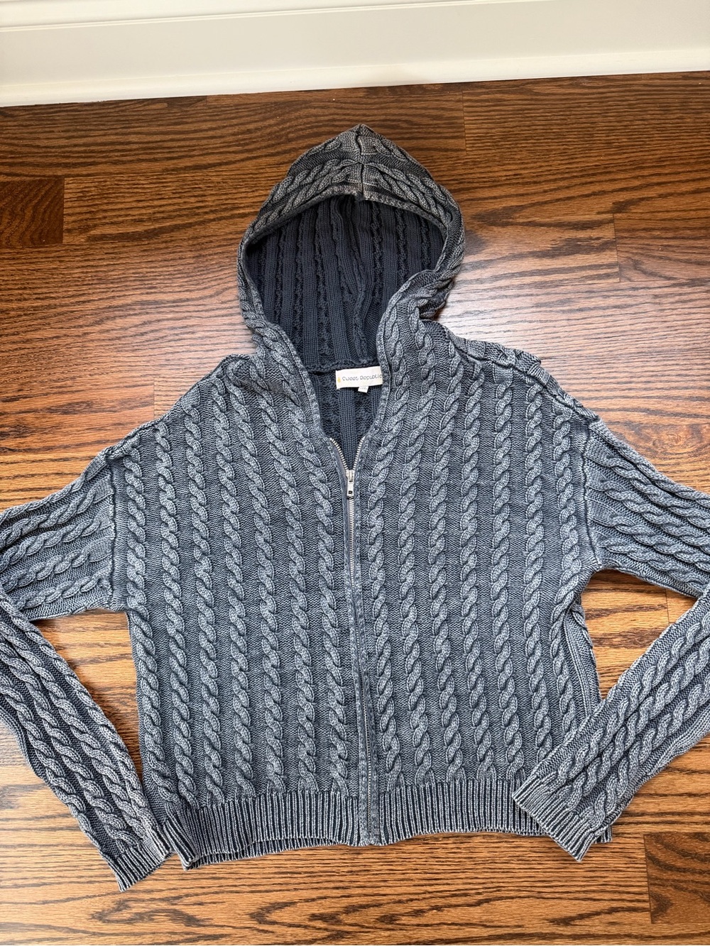 Cable-Knit Zip Hoodie Sweater in Gray